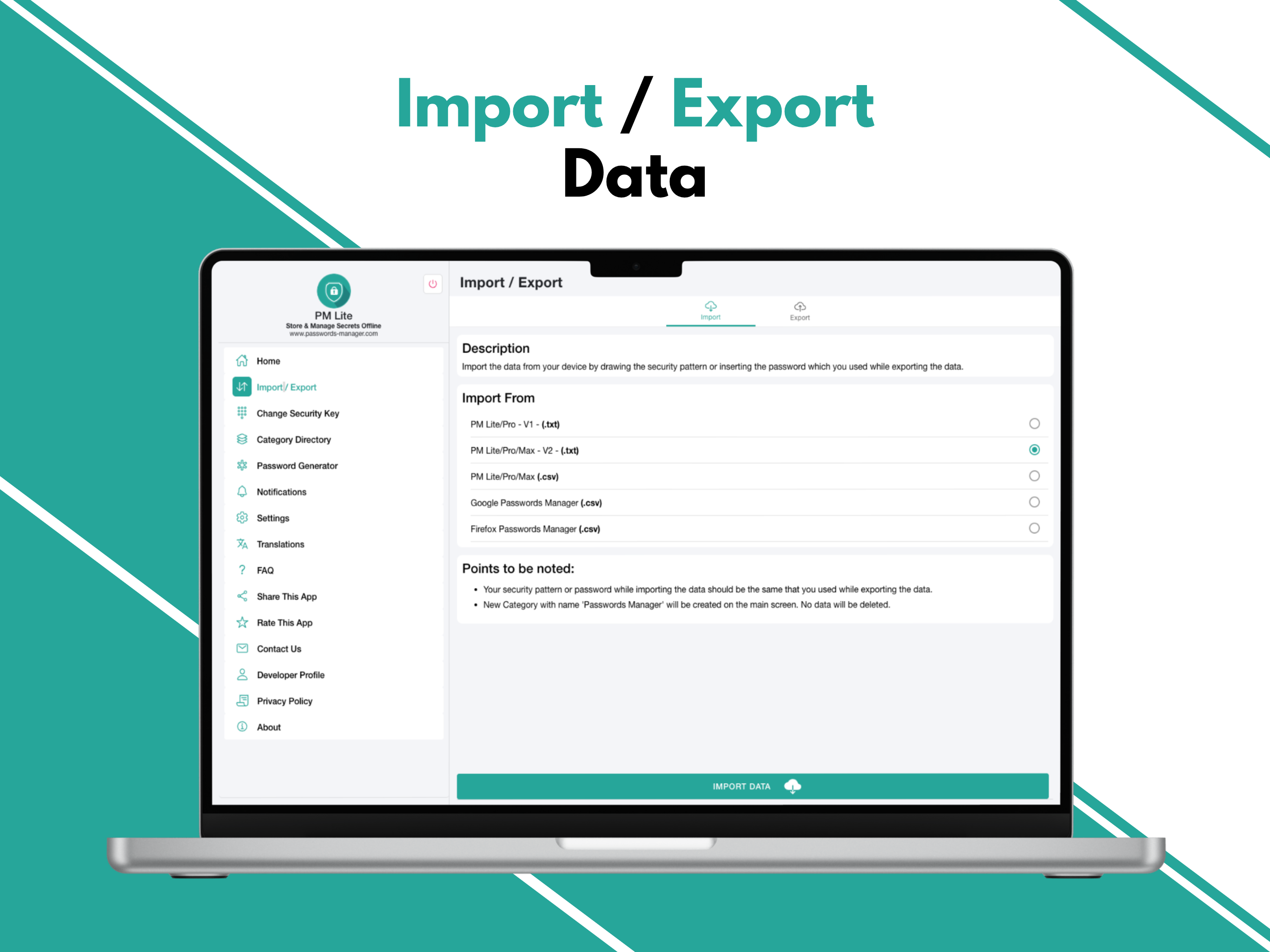 PM Lite - Import and export