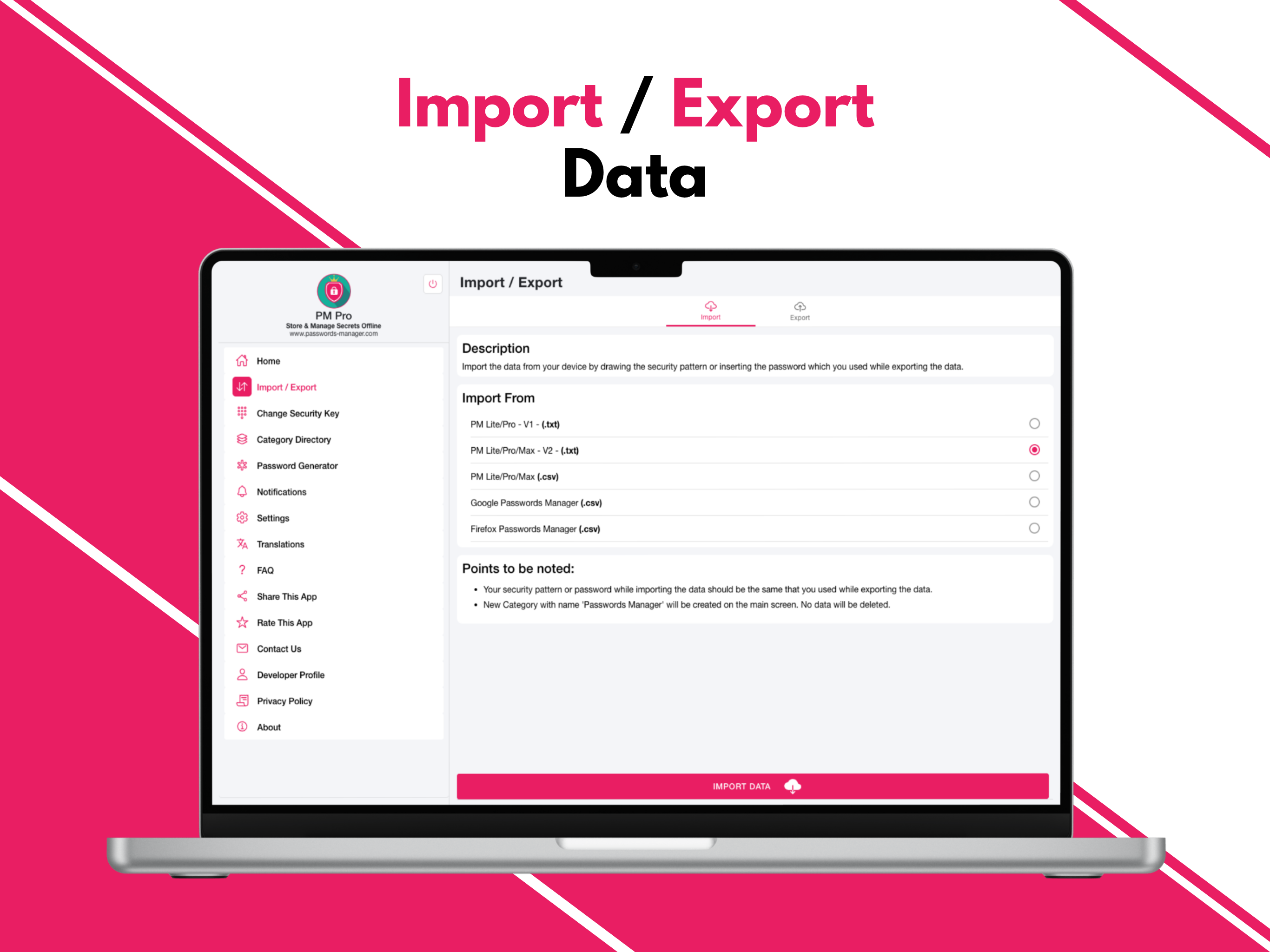PM Pro - Import and export
