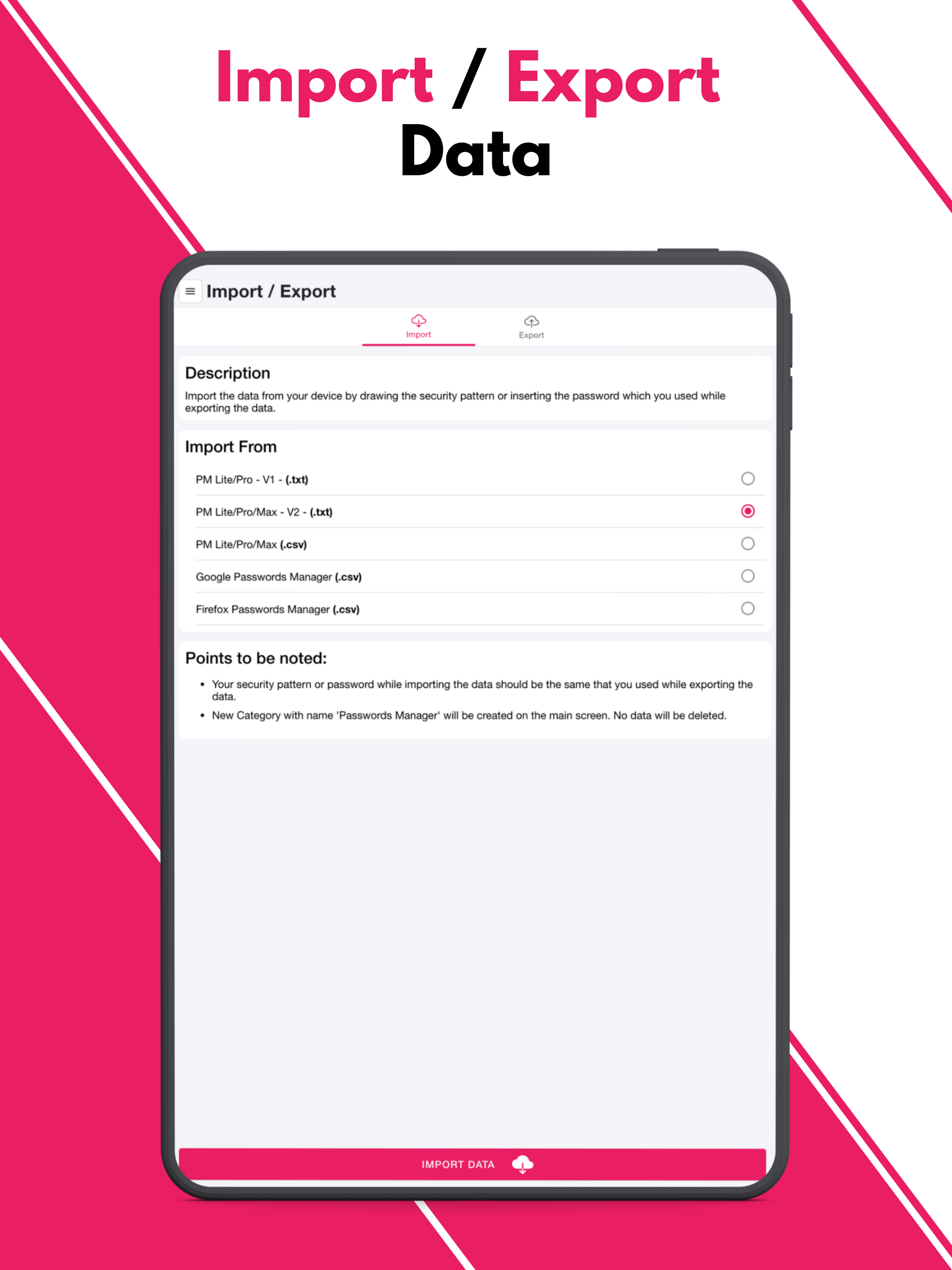 PM Pro - Import and export